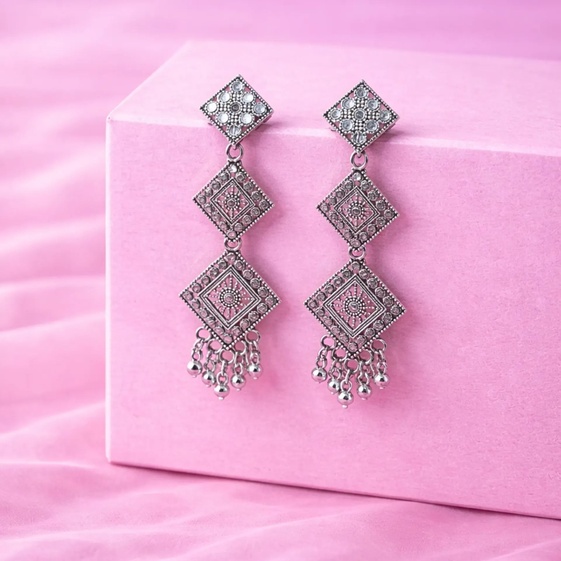 Diamond Shape Rectangle Oxidised Jhumka