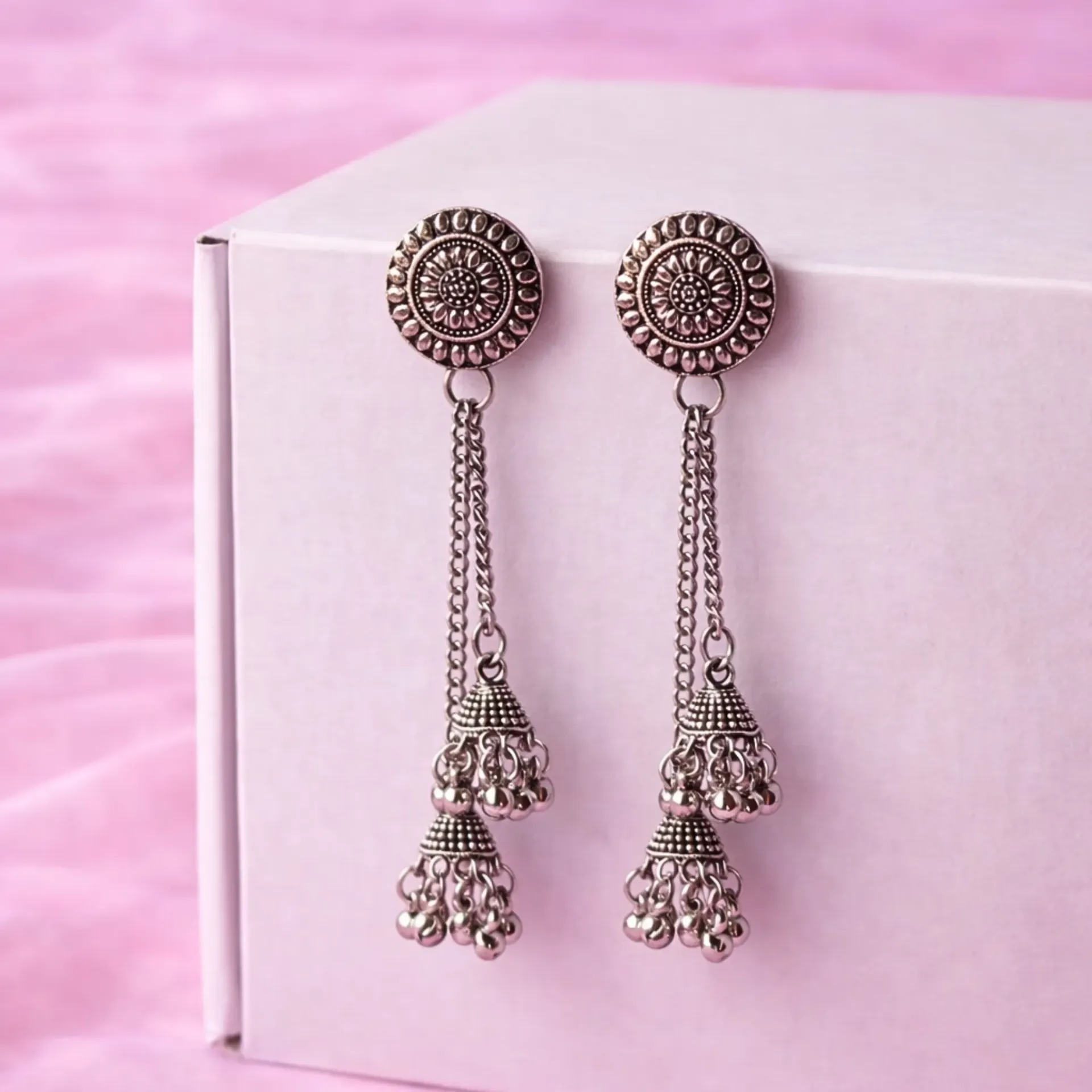 Ghungroo Beaded Oxidised Round Jhumka