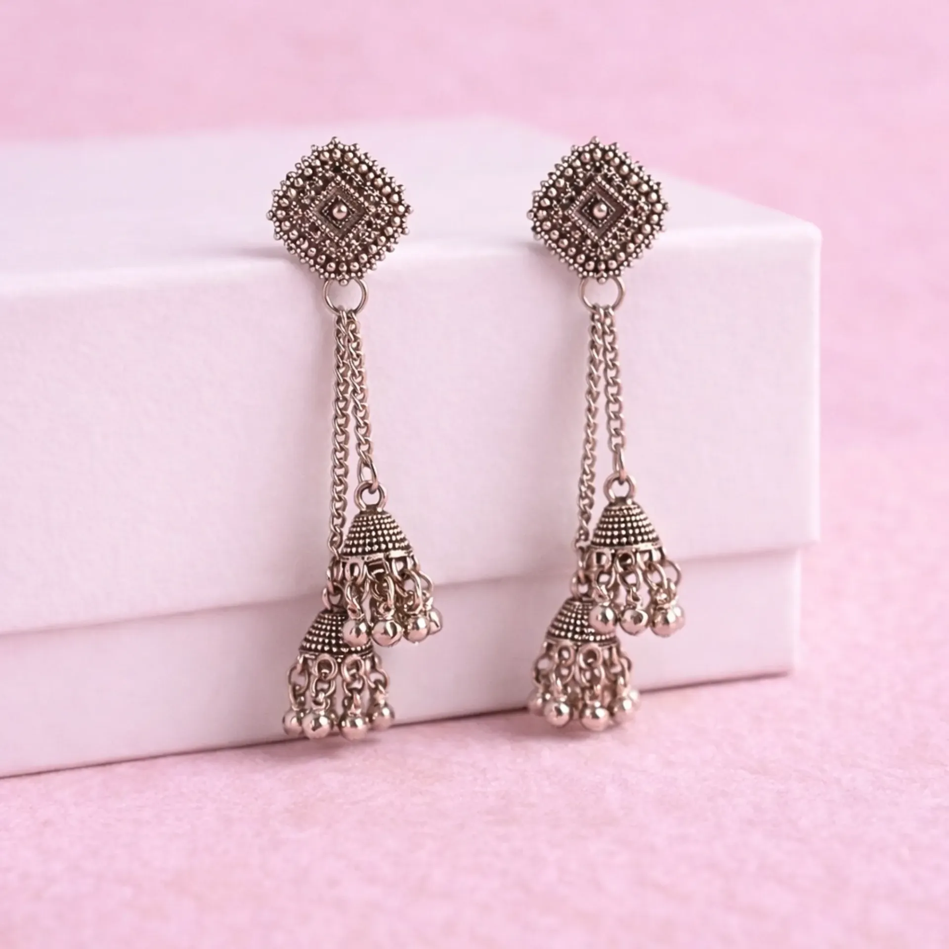 Ghungroo Beaded Oxidised Diamond Shaped Jhumka